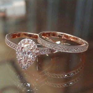 NEW 18K Rose Gold Diamond Halo Teardrop Ring Set